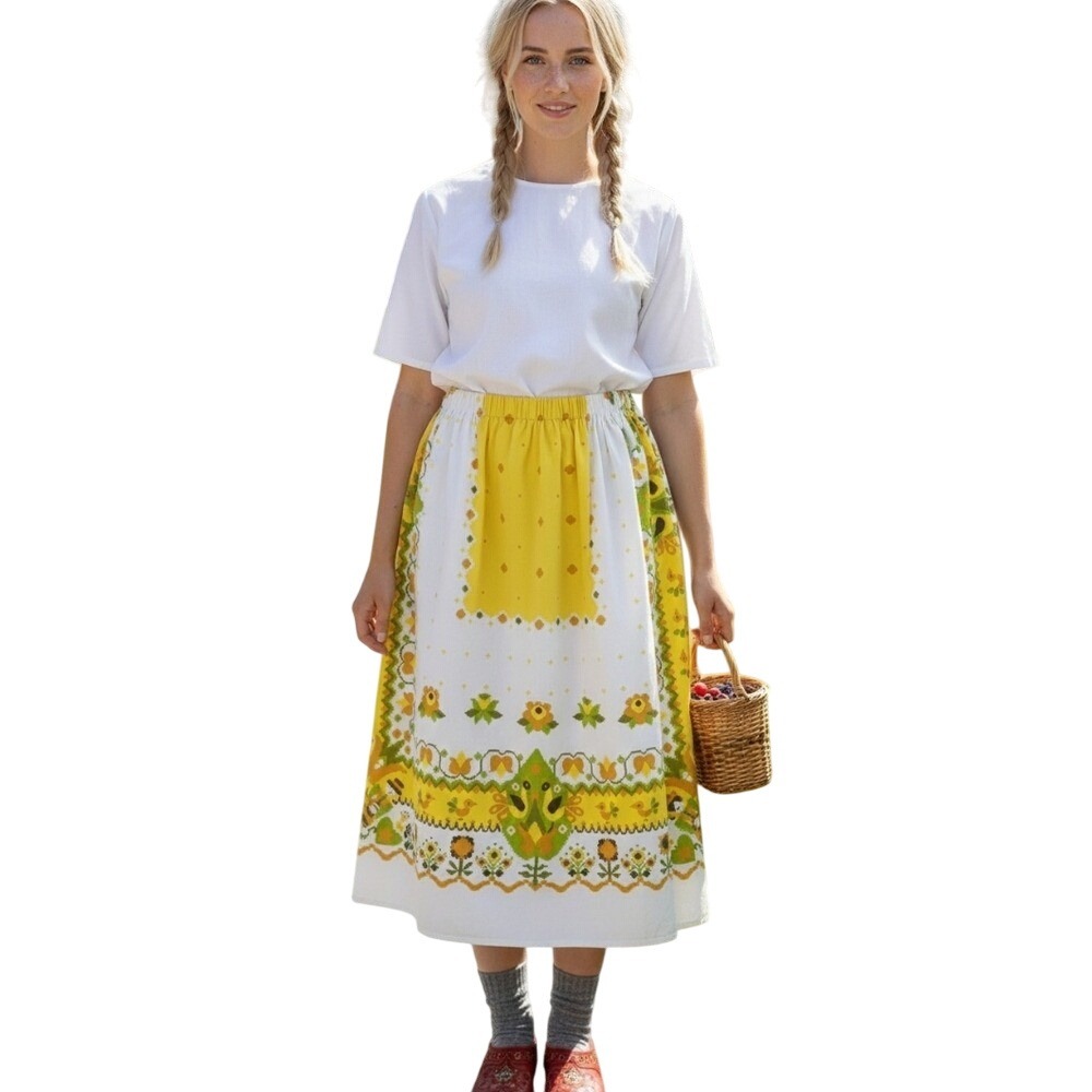 Vtg Retro Skirt Handmade Folk Art Cottage Scandinavian Olive Yellow Cotton Large